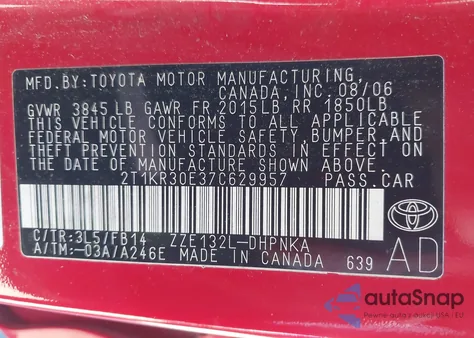 2007 Toyota Matrix Xr из США, поврежденный, VIN 2T1KR30E37C629957